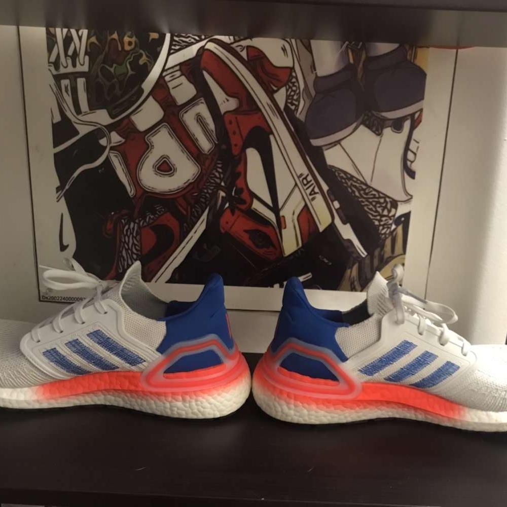 Adidas Ultraboost 20 White and Blue Sneakers with Red Accents - Picture 2 of 9